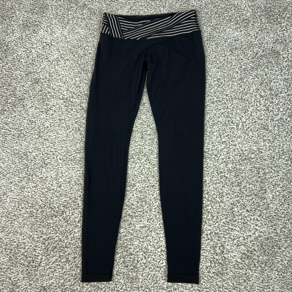 Lululemon Pants Womens 8 Black Ankle Leggings Stripe Waist Yoga Gym Workout